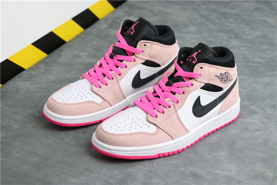 2019 Women Jordan 1 Mid Pink Black White Toe Shoes - Click Image to Close